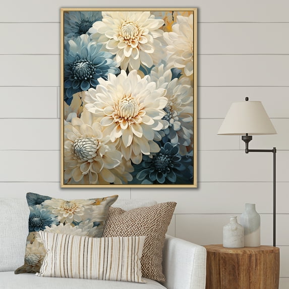 Designart "Elegance In White And Blue Mums I" Mums Floater Framed Wall Art Prints
