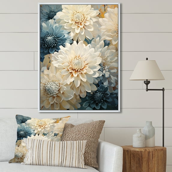 Designart "Elegance In White And Blue Mums I" Mums Floater Framed Wall Art Prints
