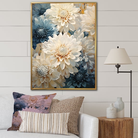 Designart "Elegance In White And Blue Mums I" Mums Floater Framed Wall Art Prints