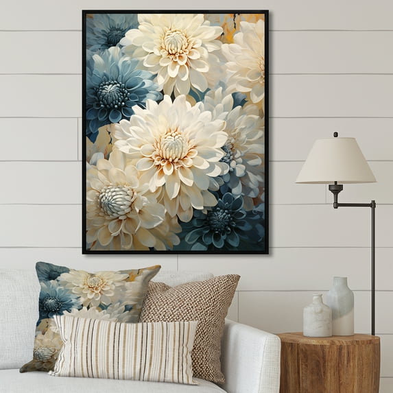 Designart "Elegance In White And Blue Mums I" Mums Floater Framed Wall Art Prints