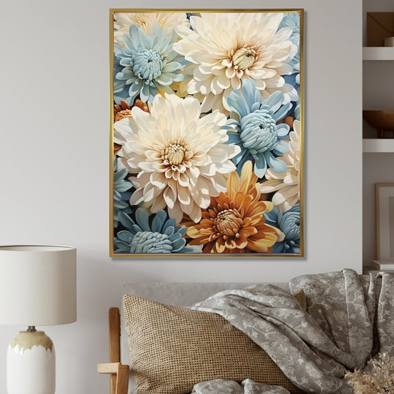 Designart "Elegance In White And Blue Mums III" Mums Floater Framed Canvas Wall Art