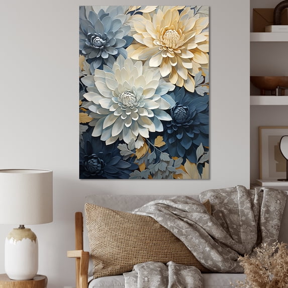 Designart "Elegance In White And Blue Mums" Mums Canvas Art Print