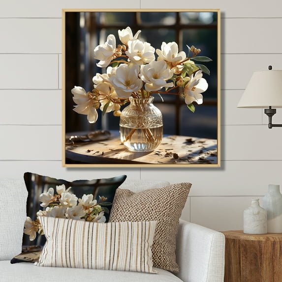 Designart "Elegance In White And Gold Hydrangea" Hydrangea Floater Framed Canvas Art Print