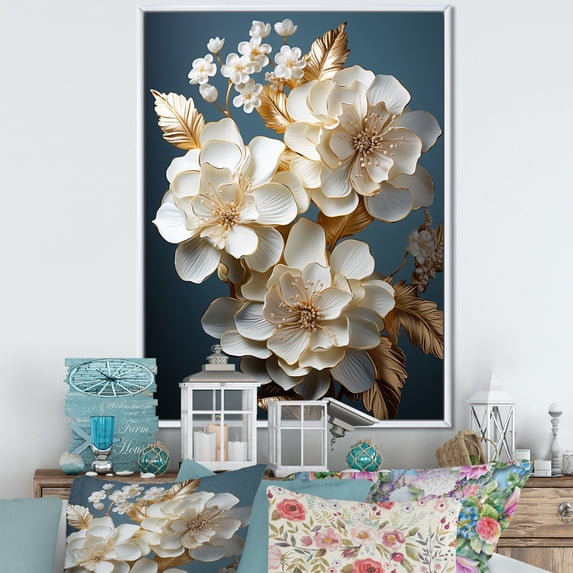 Designart "Elegance In White And Gold Hydrangea I" Hydrangea Floater Framed Wall Art Prints
