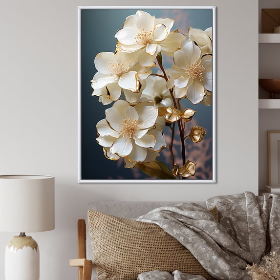 Designart "Elegance In White And Gold Hydrangea II" Hydrangea Floater Framed Wall Art Living Room