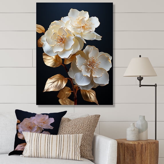 Designart "Elegance In White And Gold Hydrangea III" Hydrangea Canvas Wall Art