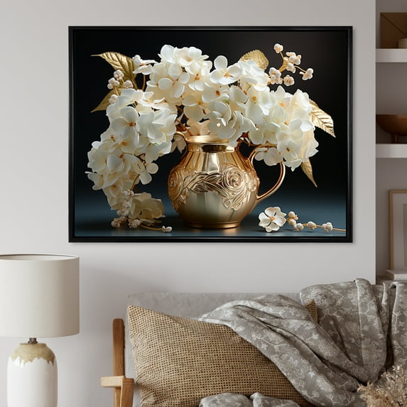 Designart "Elegance In White And Gold Hydrangea V" Hydrangea Floater Framed Wall Decor