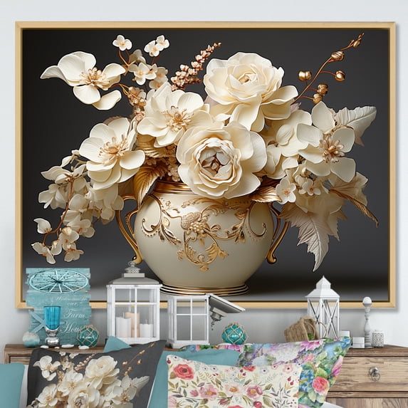 Designart "Elegance In White And Gold Hydrangea VII" Hydrangea Floater Framed Wall Art Prints