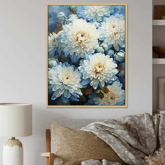 Designart "Elegance Of Blue And White Mum Flowers II" Mums Floater Framed Canvas Art Print