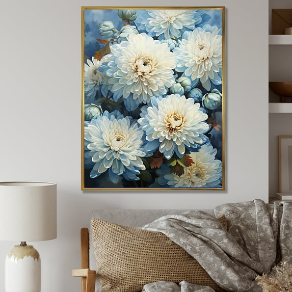 Designart "Elegance Of Blue And White Mum Flowers II" Mums Floater Framed Canvas Art Print