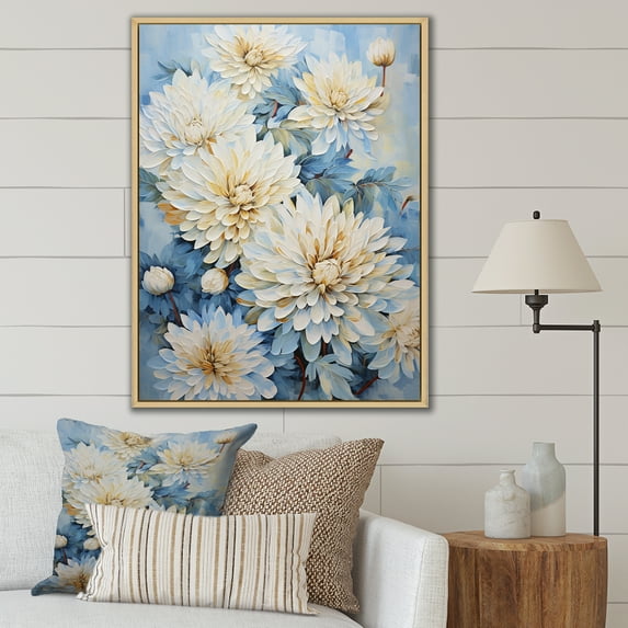 Designart "Elegance Of Blue And White Mum Flowers III" Mums Floater Framed Wall Art Prints