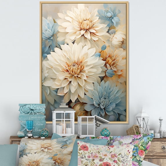 Designart "Elegance Of Blue And White Mums I" Mums Floater Framed Wall Decor