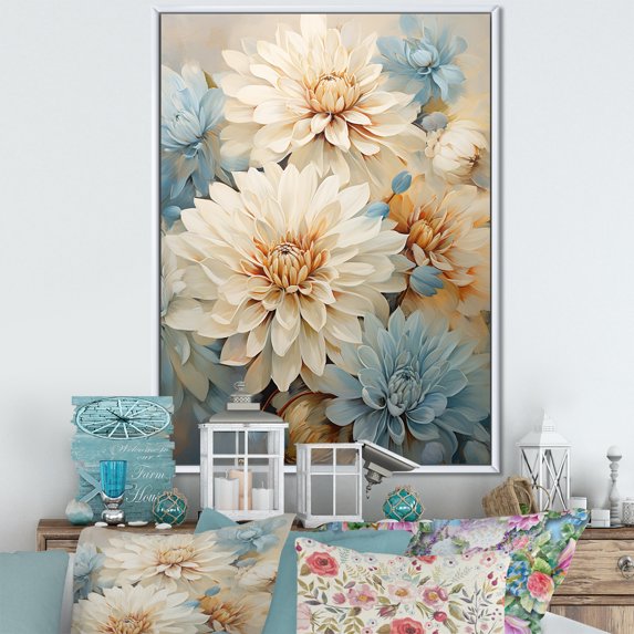 Designart "Elegance Of Blue And White Mums I" Mums Floater Framed Wall Decor