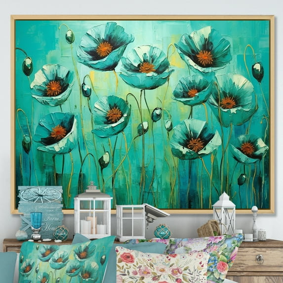 Designart "Elegance Of Emerald Poppies I" Poppies Floater Framed Wall Art Prints