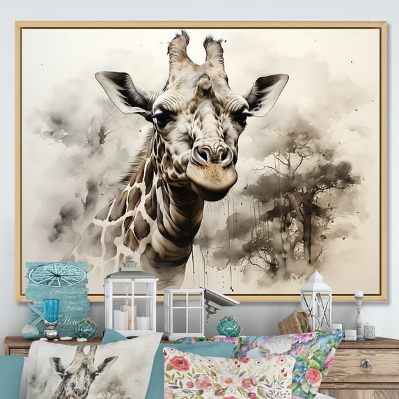 Designart "Elegance Of The Classic Beige Giraffe I" Animals Giraffe Floater Framed Canvas Prints