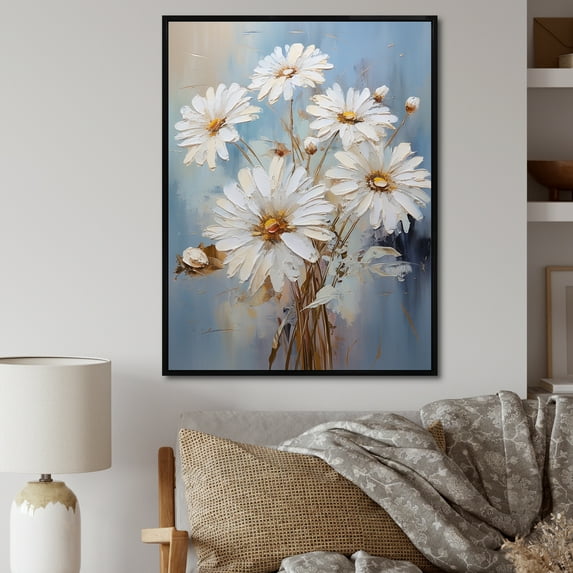 Designart "Elegance Of White Daisy Blooms IX" Daisies Floater Framed Wall Art Prints