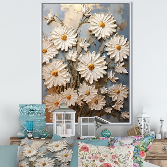 Designart "Elegance Of White Daisy Blooms X" Daisies Floater Framed Canvas Wall Art