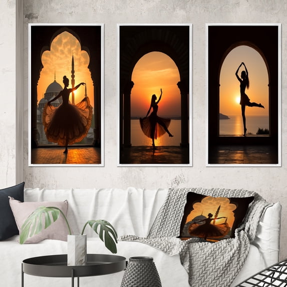 Designart "Elegance in Sunset Silhouette Dancing Beauty IV" Woman Fashion Photography Framed Wall Art Set Of 3 - Black Glam Frame Canvas Set For Living Room Decor