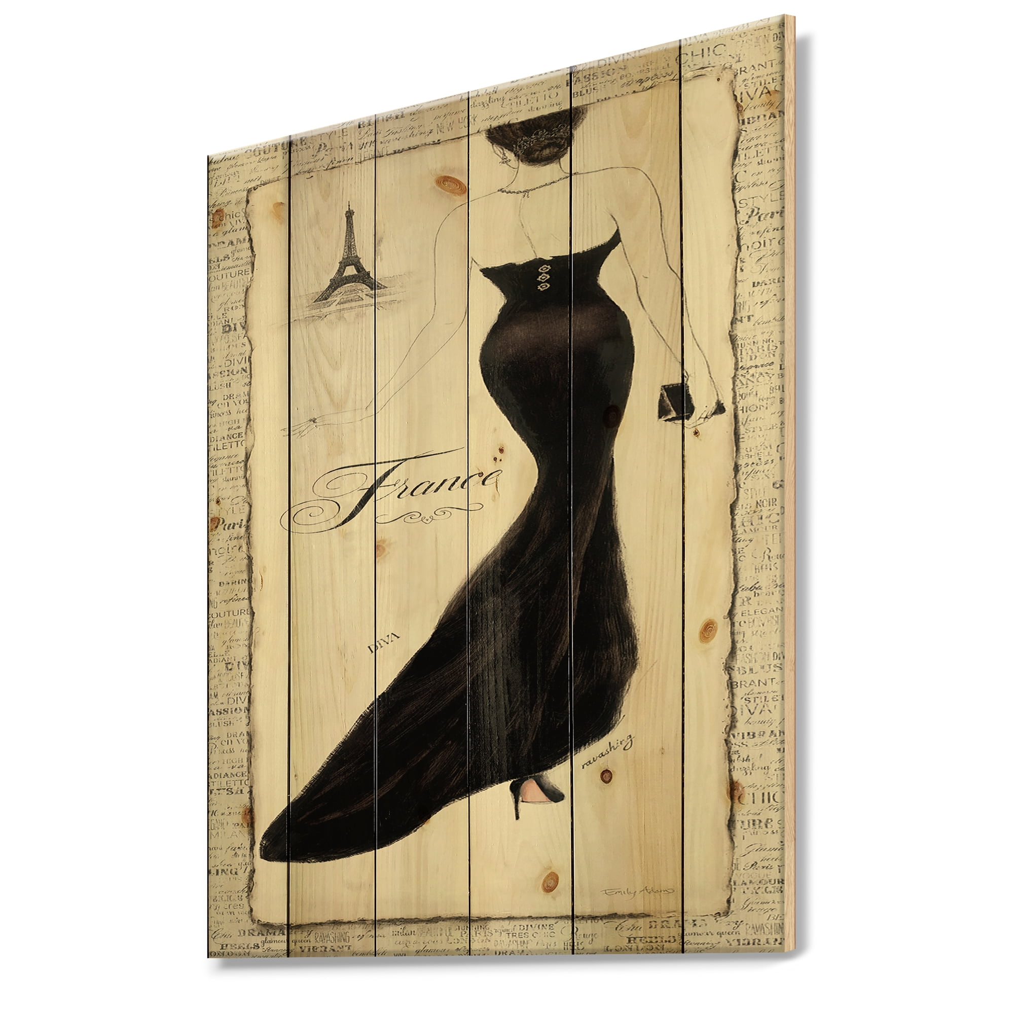 Designart 'Elegance Woman Glam Paris Diva II' Fashion Print on Natural Pine Wood