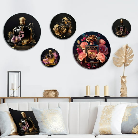 Designart "Elegance in Black and Gold Perfume VI" Fashion Perfume Metal Wall Art Set of 5 Piece