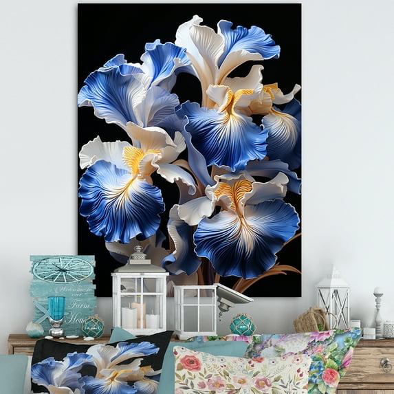 Designart "Elegance in Blue and White Irises I" Floral Canvas Wall Art - Traditional Blue Irises Hallway Wall Art Decor