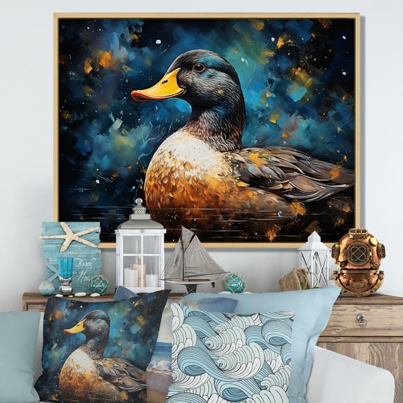 Designart "Elegance of Baroque Blue Duck I" Animals Framed Wall Art - Modern Farmhouse Blue Duck Bedroom Framed Canvas Wall Art