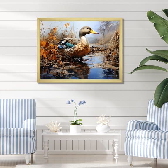 Designart "Elegance of Baroque Blue Duck V" Animals Framed Wall Art Decor - Modern Farmhouse Blue Duck Living Room Framed Canvas Art