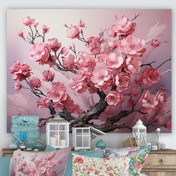 Designart "Elegance of Blooming Pink Cherry Trees I" Landscapes Wall Art - Modern Farmhouse Pink Tree Cherry Blossom Hallway Wall Art Decor