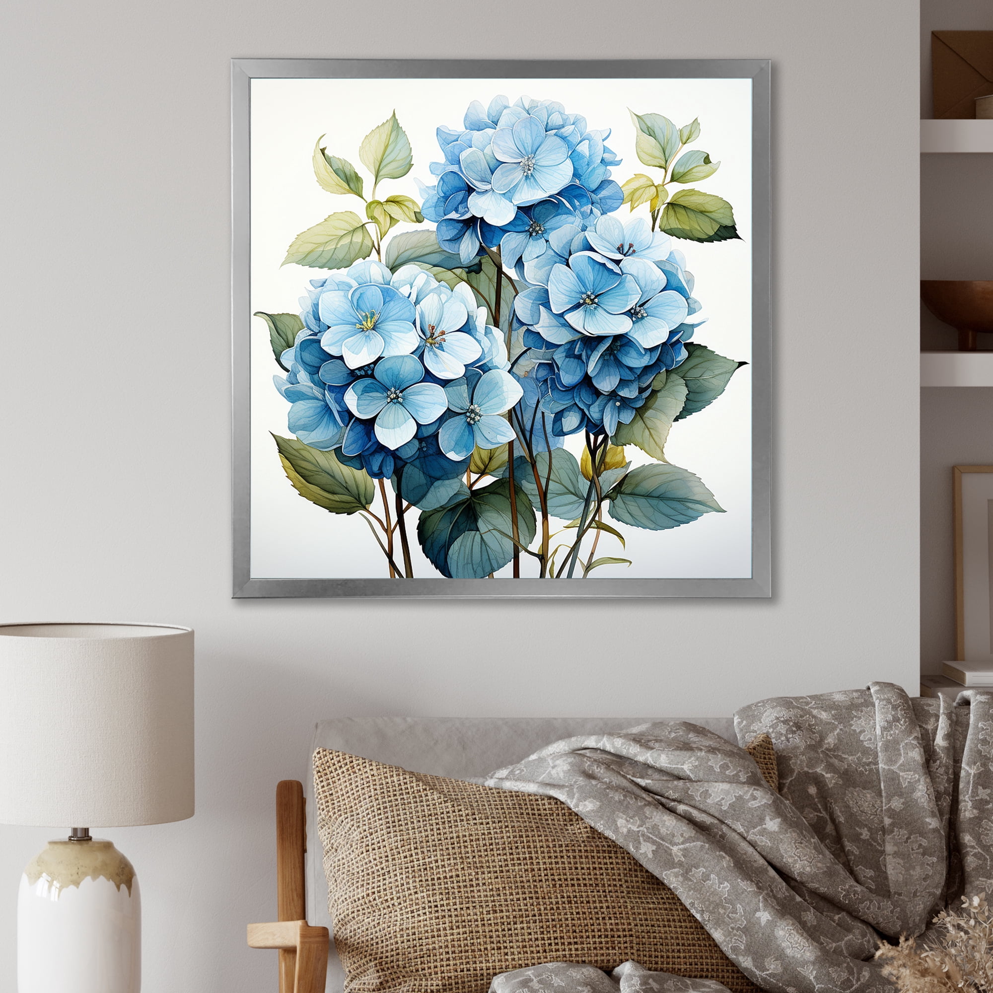 Designart "Elegance of Blue Hydrangea Flowers II" Floral Framed Wall ...