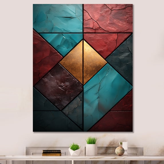Designart "Elegance of Blue and Red Chevron Tiles I" Geometric Canvas Wall Art - Modern Blue Abstract Tile Bedroom Canvas Wall Art
