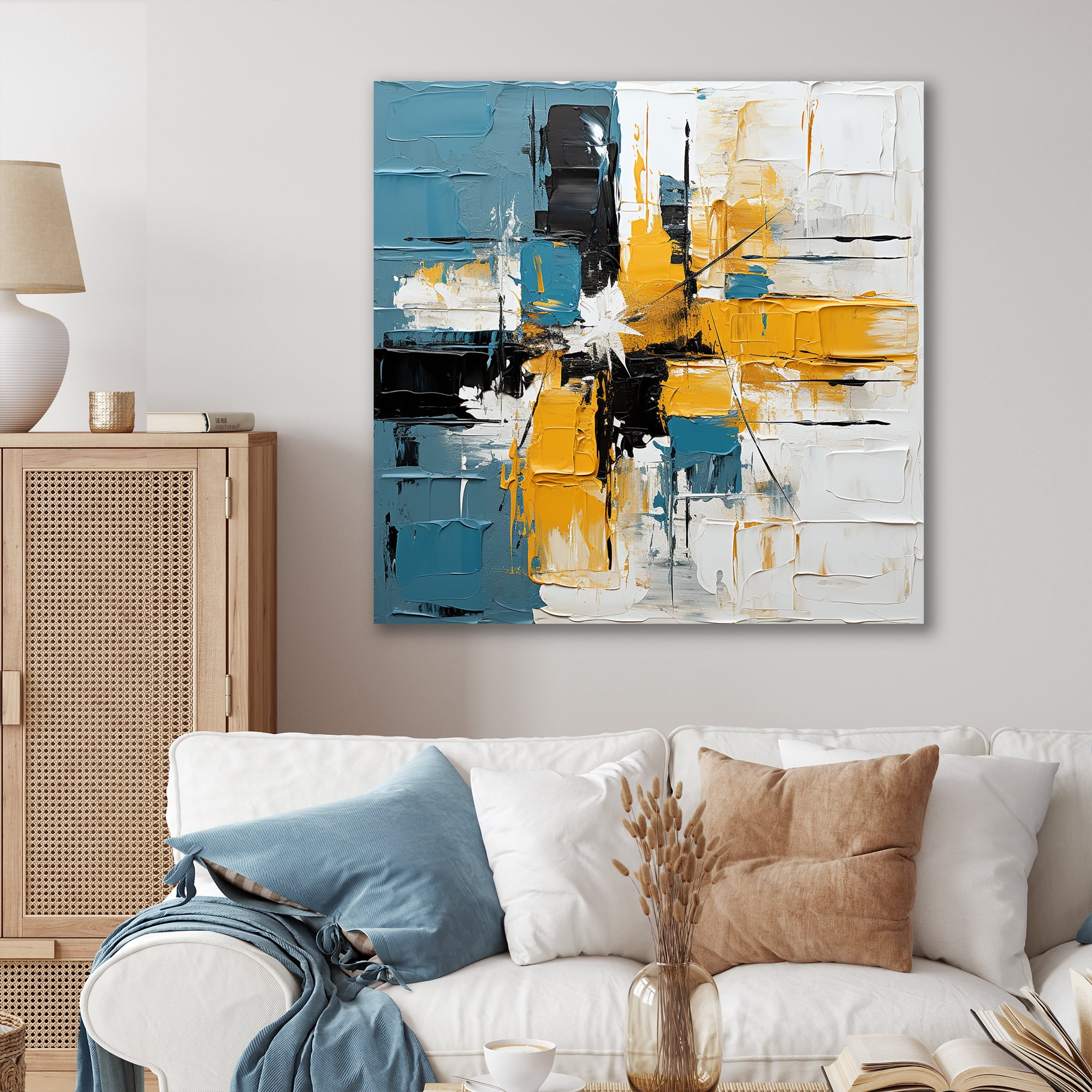 Designart "Elegance of Blue and Yellow Paint I" Abstract Wall Art ...