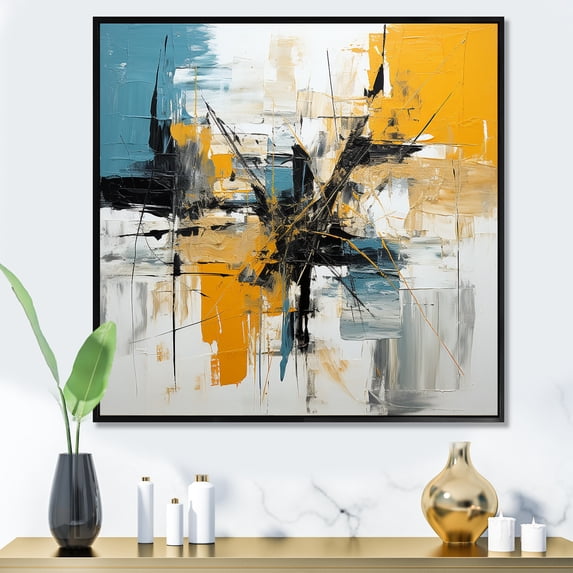 Designart "Elegance of Blue and Yellow Paint II" Abstract Framed Wall Art - Blue Abstract Hallway Framed Wall Art Decor