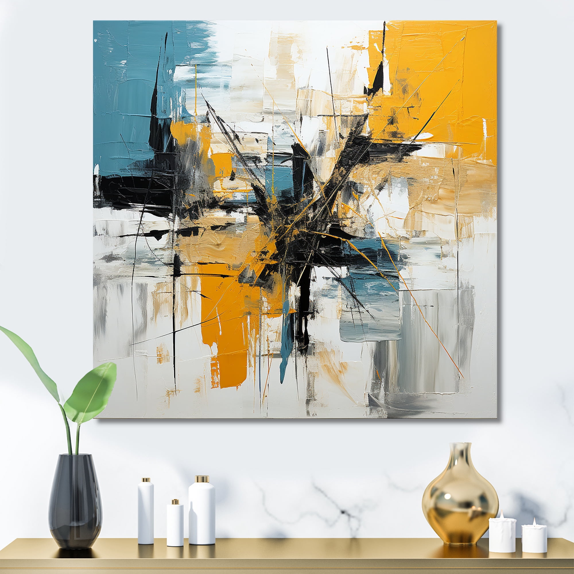Designart "Elegance of Blue and Yellow Paint II" Abstract Wall Art ...