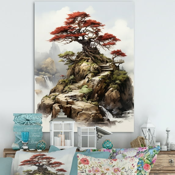 Designart "Elegance of Bonsai Landscape" Landscapes Canvas Wall Art - Traditional Green Tree Bonsai Entryway Wall Art Print