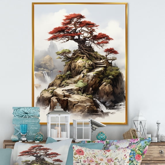 Designart "Elegance of Bonsai Landscape" Landscapes Framed Wall Art - Traditional Green Tree Bonsai Entryway Framed Wall Art Print
