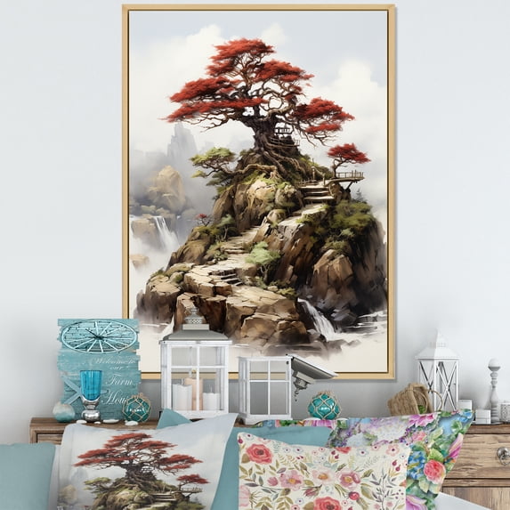 Designart "Elegance of Bonsai Landscape" Landscapes Framed Wall Art - Traditional Green Tree Bonsai Entryway Framed Wall Art Print