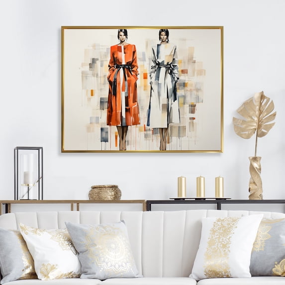 Designart "Elegance of Chic Fashion Girls in Orange" Inspirational Framed Wall Art - Glam Orange Fashion Hallway Framed Wall Art Decor