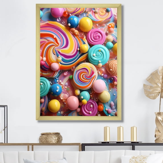 Designart "Elegance of Colorful Sweet Pop Candy" Fashion Framed Wall Art - Glam Pink Pop Art Living Room Framed Canvas Art