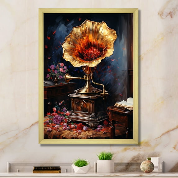 Designart "Elegance of Gold Phonographs II" Fashion Framed Wall Art - Glam Gold Phonographs Entryway Framed Wall Art