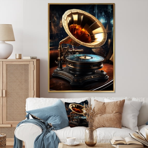 Designart "Elegance of Gold Phonographs III" Fashion Framed Wall Art - Glam Gold Phonographs Hallway Framed Wall Art Decor