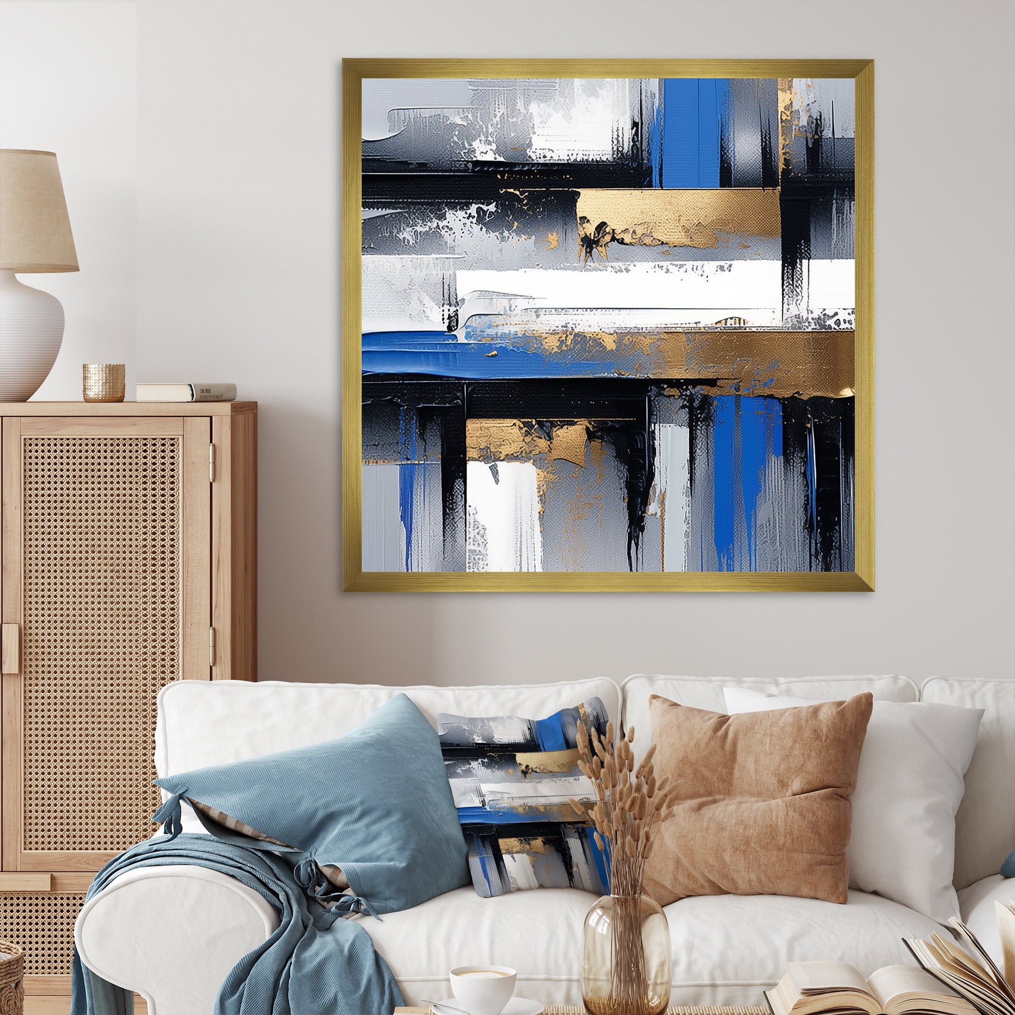 Designart "Elegance of Gold and Blue Paint II" Abstract Framed Wall Art
