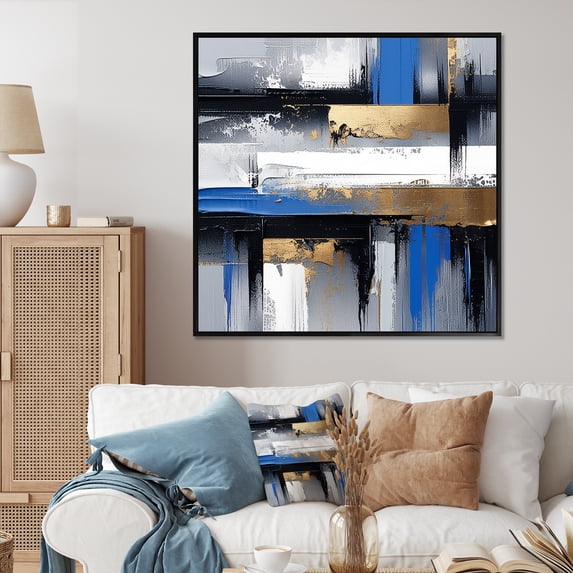 Designart "Elegance of Gold and Blue Paint II" Abstract Framed Wall Art - Transitional Gold Abstract Collages Living Room Framed Canvas Art