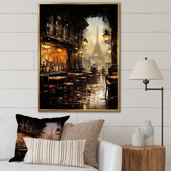 Designart "Elegance of Paris Cafe View" Cityscapes Framed Wall Art - Industrial Yellow Paris Entryway Framed Wall Art