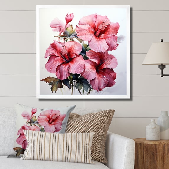 Designart "Elegance of Pink Tropical Hibiscus I" Floral Framed Wall Art Decor - Traditional Pink Hibiscus Entryway Framed Wall Art Print