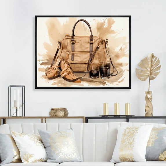 Designart "Elegance of Vintage Brown Fashion Handbag" Fashion Framed Wall Art - Glam Brown Fashion Bag Entryway Framed Wall Art
