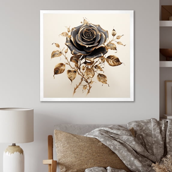 Designart "Elegance of Vintage Rose in Rosegold III" Floral Framed Wall Art Decor - Traditional Grey Rose Entryway Framed Wall Art