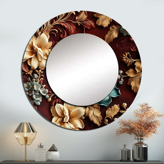 Designart "Elegancen Rustic Brocade II" Floral Brown Large Round Mirror - Round Bedroom Mirror Wall Decor - Cottage Round Printed Mirror - 36" x 36"