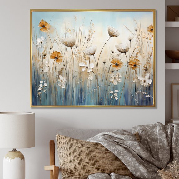 Designart "Elegant Beige Wildflower Splendor II" Wildflowers Floater Framed Wall Art Living Room