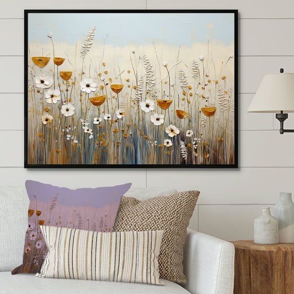 Designart "Elegant Beige Wildflower Splendor III" Wildflowers Floater Framed Canvas Wall Art