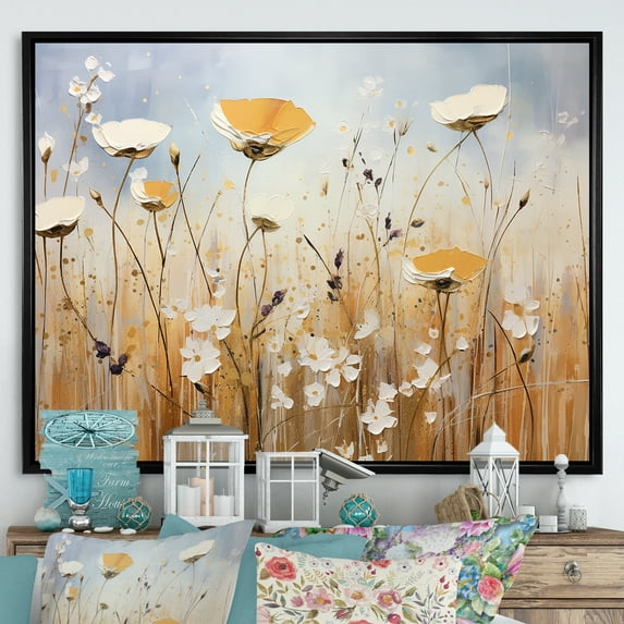 Designart "Elegant Beige Wildflower Splendor IV" Wildflowers Floater Framed Canvas Prints